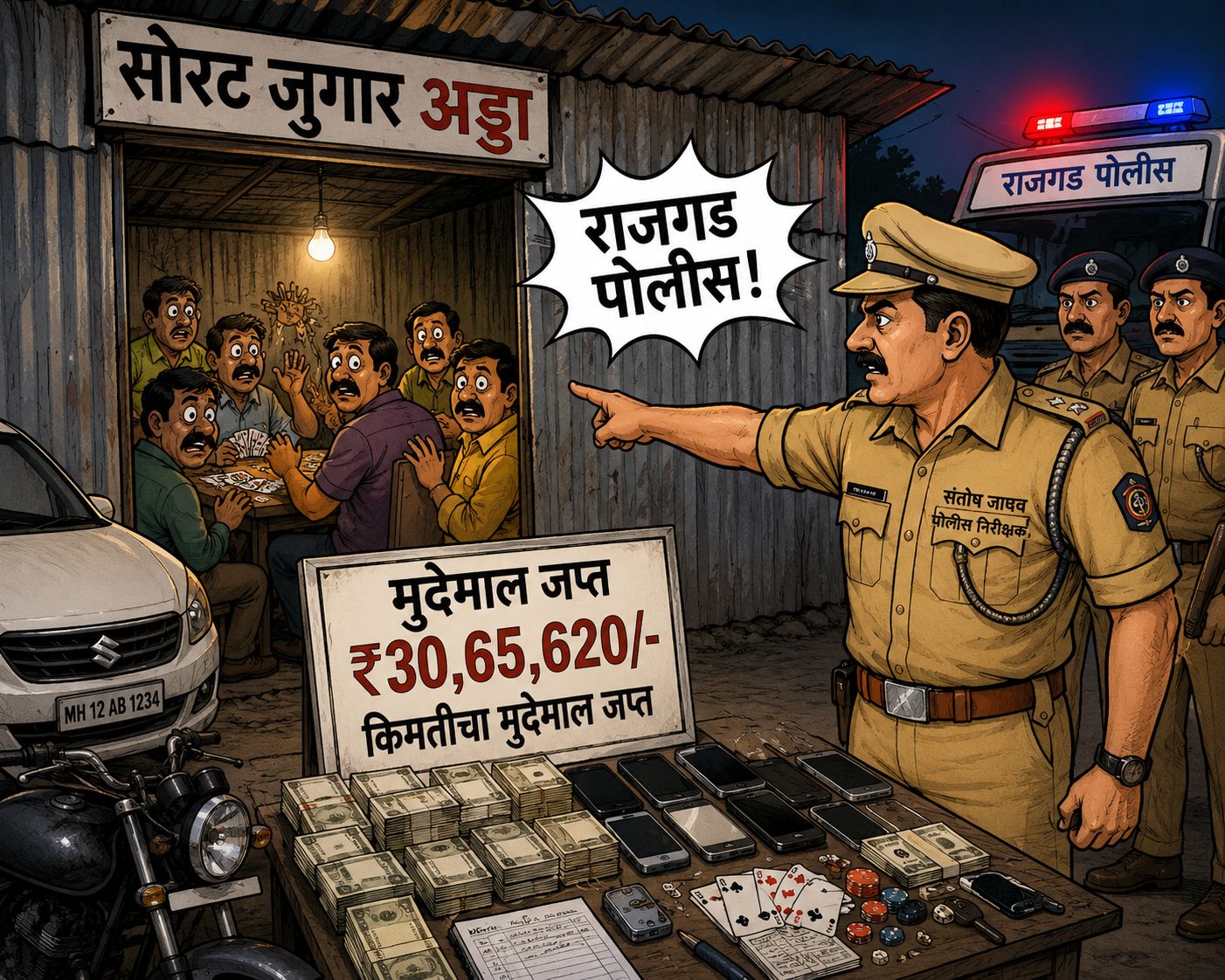 सोरट जुगार अड्ड्यावर राजगड पोलिसांचा छापा; ३०.६५ लाखांचा मुद्देमाल जप्त